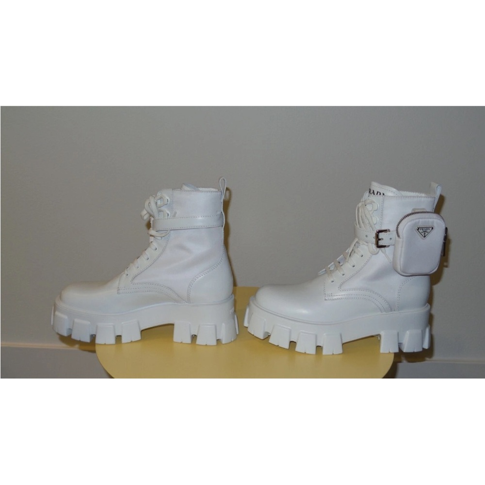 PRADA MONOLITH WHITE LEATHER BIKER BOOTS - Picture 4 of 12